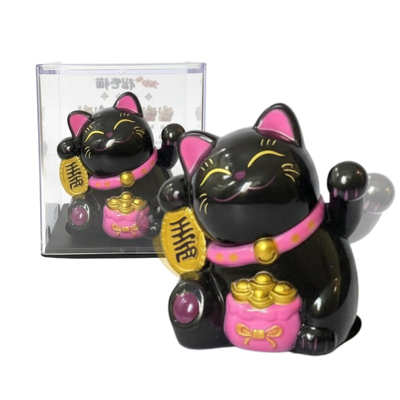 Caaju 5 cm Plastic Maneki Neko Lucky Cat - Waving Arm Solar Powered Good Luck Wealth Decor (Black) - Image 1
